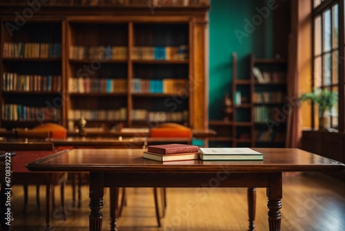 Wooden table and blurred bookshelf in library room, education, back to school. Generative Ai.