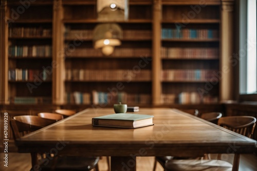 Wooden table and blurred bookshelf in library room, education, back to school. Generative Ai.