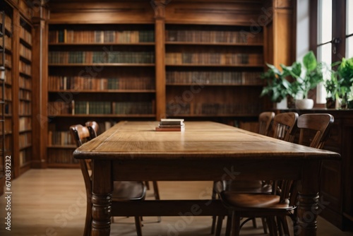 Wooden table and blurred bookshelf in library room  education  back to school. Generative Ai.