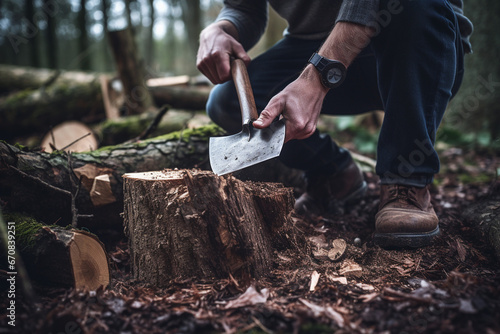 Campsite Activities. Man Digs Near Tree While Camping Outdoor