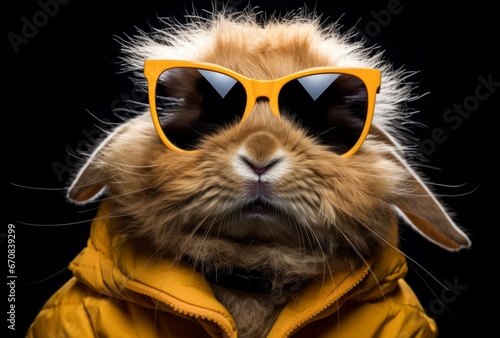 A brown rabbit wearing yellow sunglasses and a yellow jacket. A Stylish Bunny Rocking Shades and a Vibrant Yellow Outerwear