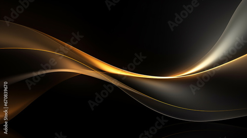 Abstract black gold wave background. Abstract 3d black background with gold lines curved wavy sparkle with copy space for text. Three-dimensional dark golden wave and black background. photo