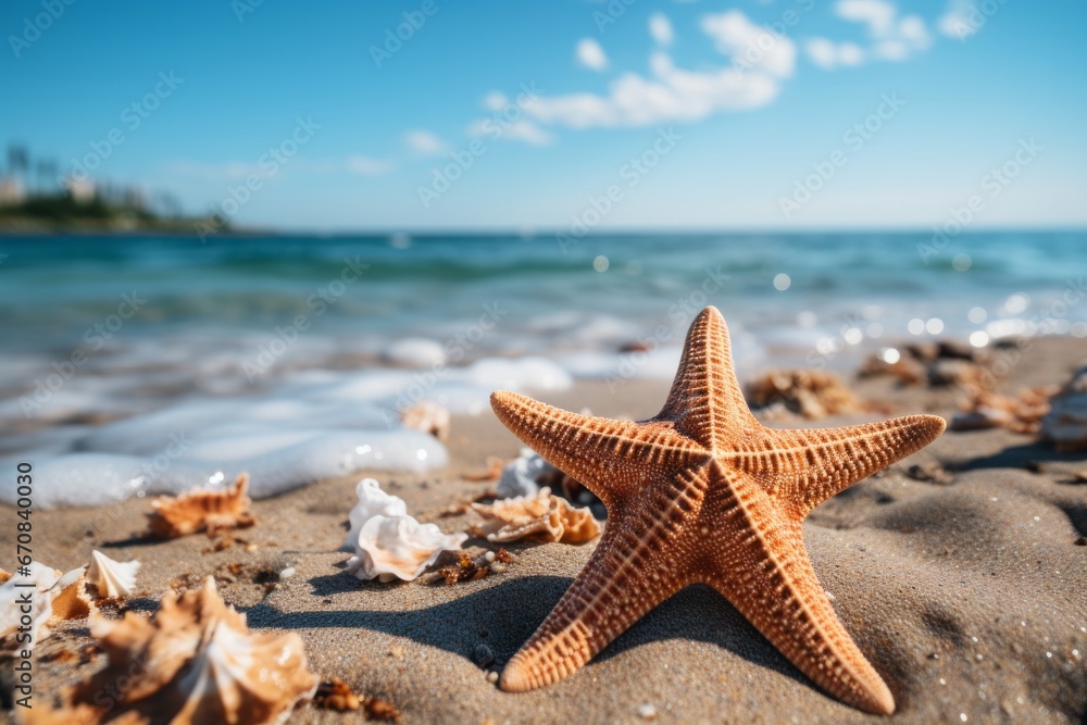 A starfish on a sandy beach next to the ocean A starfish on a sandy beach next to the ocean
