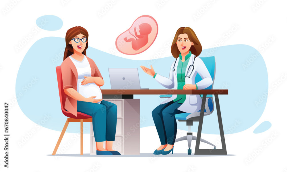 Pregnant woman consult pregnancy with doctor. Consultation and check up during pregnancy concept. Vector cartoon character illustration