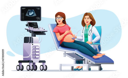 Pregnant woman have ultrasound in clinic. Consultation and check up pregnancy with doctor. Vector cartoon character illustration