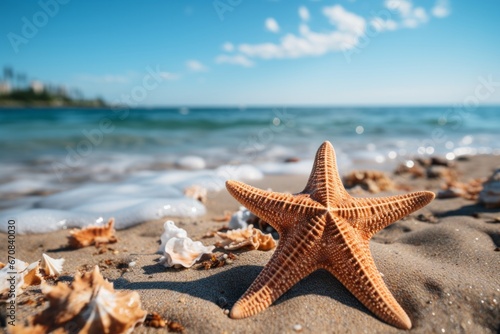 A starfish on a sandy beach next to the ocean