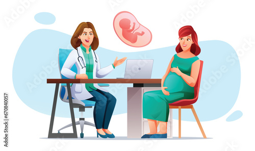 Doctor explains about pregnancy to pregnant woman. Consultation and check up pregnancy concept. Vector cartoon character illustration