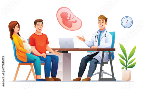 Man and woman couples consult pregnancy with doctor. Consultation and check up during pregnancy concept illustration. Vector cartoon character