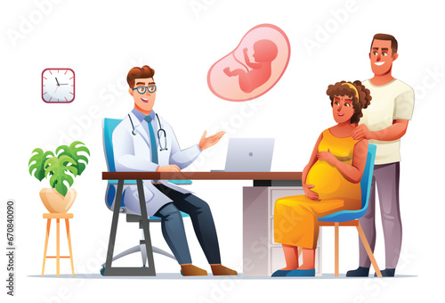 Doctor explains about pregnancy to pregnant woman and her husband. Consultation and check up pregnancy concept. Vector cartoon character illustration