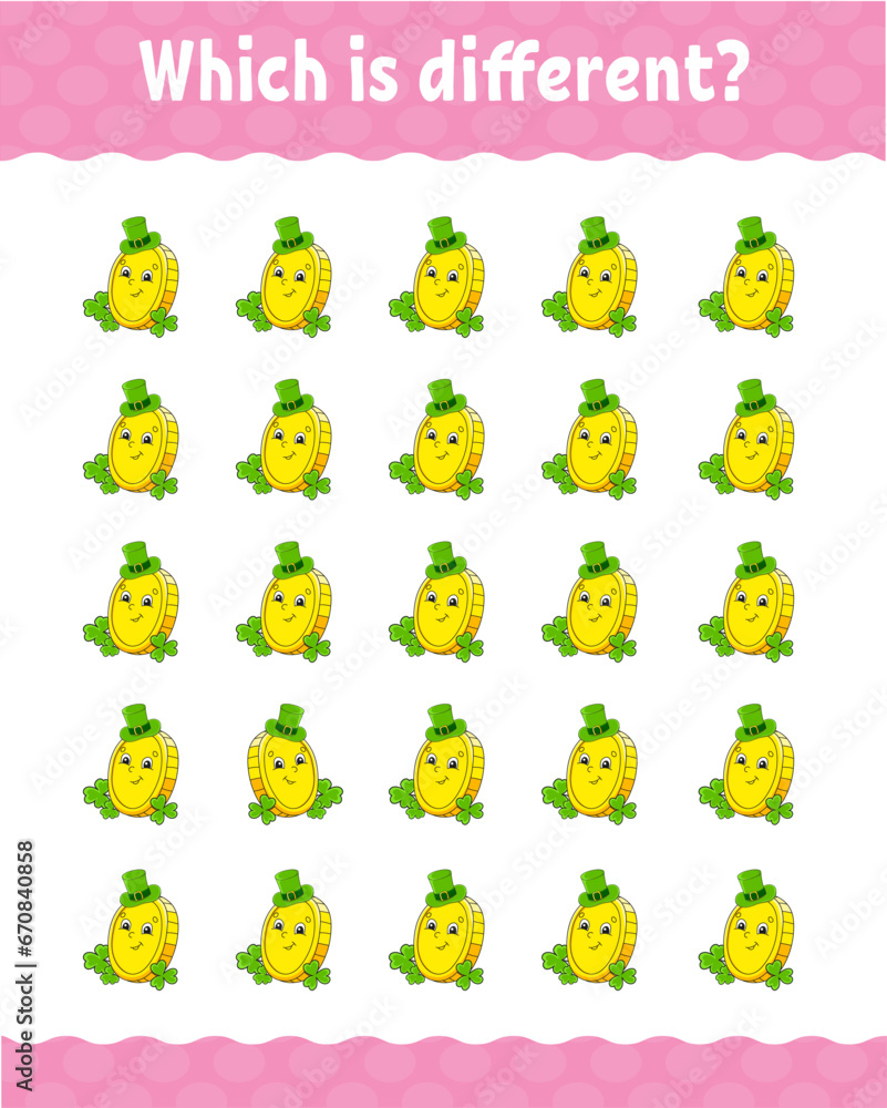 Which is different. Education developing worksheet for kids. Activity page. Cartoon style. Vector illustration. Which is different. Education developing worksheet for kids. Activity page. Cartoon style. Vector illustration.