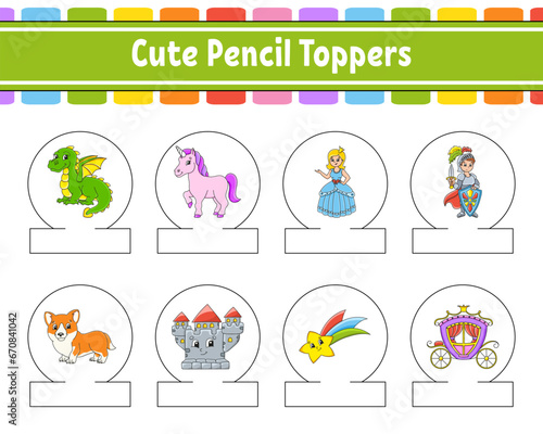 Cute pencil toppers for kids. With color cute characters. Cutting practice. Isolated on white background. Vector illustration.