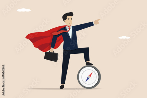 Business direction with visionary leadership, looking for solutions, superhero entrepreneurial leader looking for future strategic direction on the compass.
