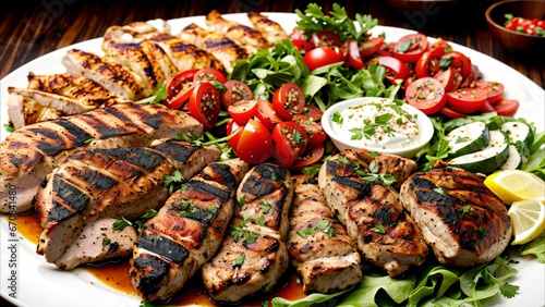 Grilled grilled meat with vegetables and cream sauce. Oriental cuisine.