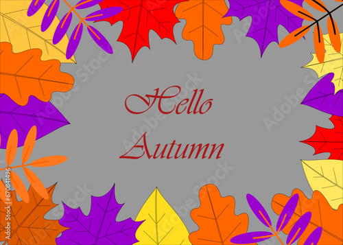 Hello autumn! Hand drawn landscape of different colored autumn leaves on dark gray background. Sketch, design element. Vector illustration.