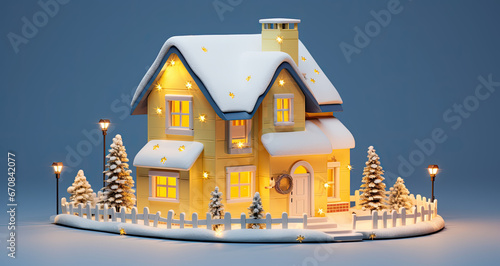 3d model of a house with lights and snow design