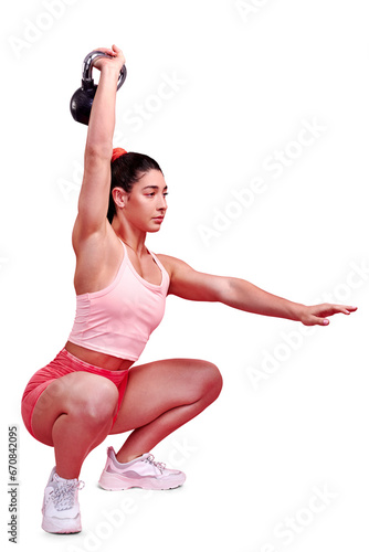 Fitness, kettlebell squat or woman with balance in workout or exercise isolated on transparent png background. Body builder, healthy or strong sports athlete training with power lifting heavy weights