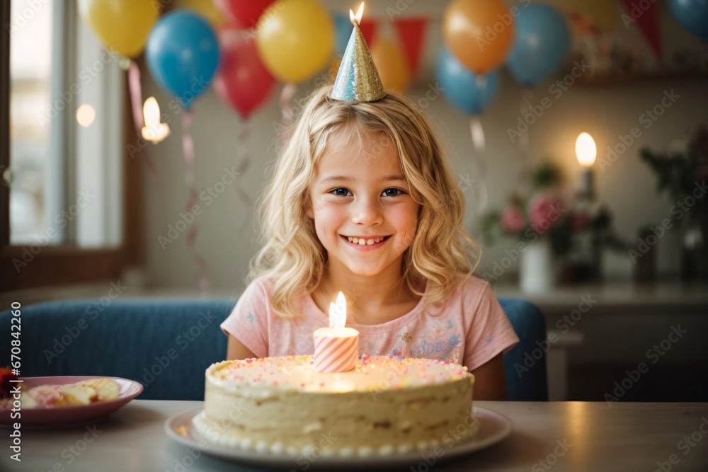 Beautiful happy and smirking young blonde girl celebrating her birthday with birthday cake with candles while smiling at the camera, child birthday celebration. Generative Ai.