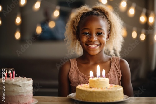 Beautiful happy and smirking young african girl celebrating her birthday with birthday cake with candles while smiling at the camera  child birthday celebration. Generative Ai.