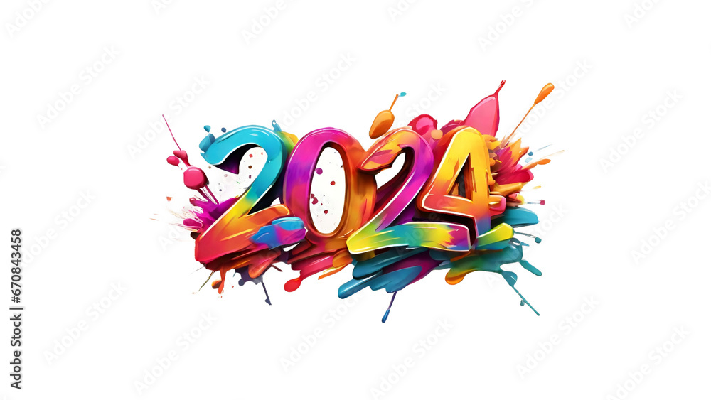 Colorful 2024 text effect with color splash, transparent background png. 