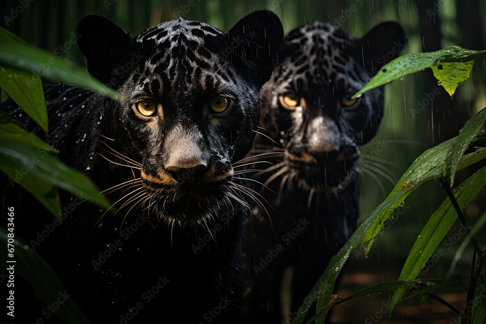 Male black panthers in the Indian jungle during monsoon season