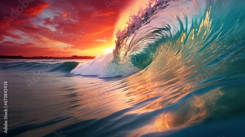 A beautiful ocean wave forming a tube. Summer tropical resort incoming wave © LELISAT