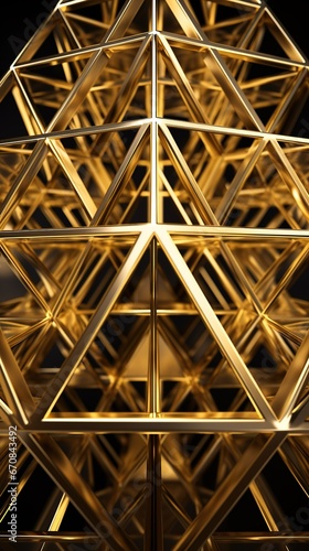 A gold pyramid framework structure  abstract background. A micro frame work of thin metal chrome structure