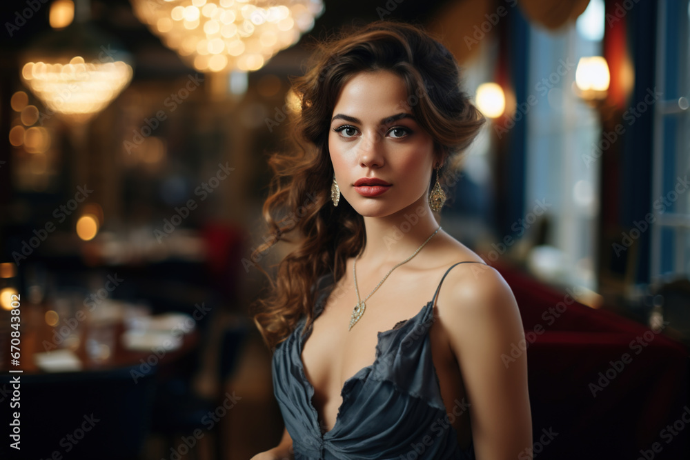 Portrait of an elegant Caucasian brunette lady in an evening dress and jewelry in a restaurant