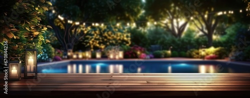 Sunny serenity. Empty wooden table by poolside in summer. Nature rest. Tabletop by pool perfect for relaxation. Bright against backdrop © Bussakon