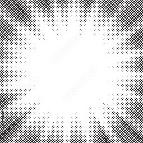 Halftone gradient sun rays pattern. abstract halftone vector dots background. monochrome dots pattern. pop art  comic small dots. star rays halftone poster. shine  explosion. sunrise rays background.