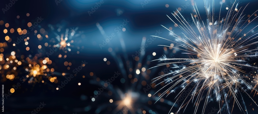 A wide-format festive background image, perfect for creative content with a celebration theme, featuring fireworks and offering space for customization. Photorealistic illustration A wide-format festive background image, perfect for creative content with a celebration theme, featuring fireworks and offering space for customization. Photorealistic illustration