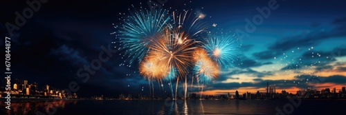 A wide-format festive background image for creative content  centered around a celebration theme with fireworks illuminating the city  and offering room for customization. Photorealistic illustration