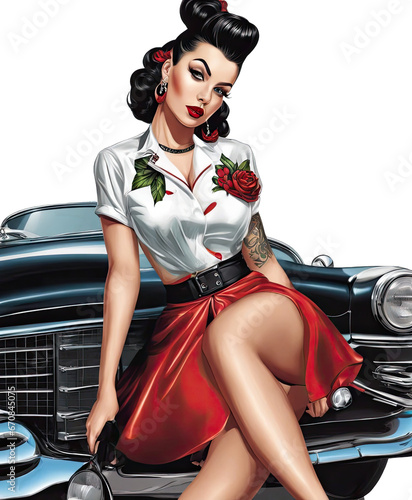 Retro charm: Rockabilly woman clipart png vintage pin-up girl clipart 1950s old fashioned woman rock and roll Tattooed Lady fashion style