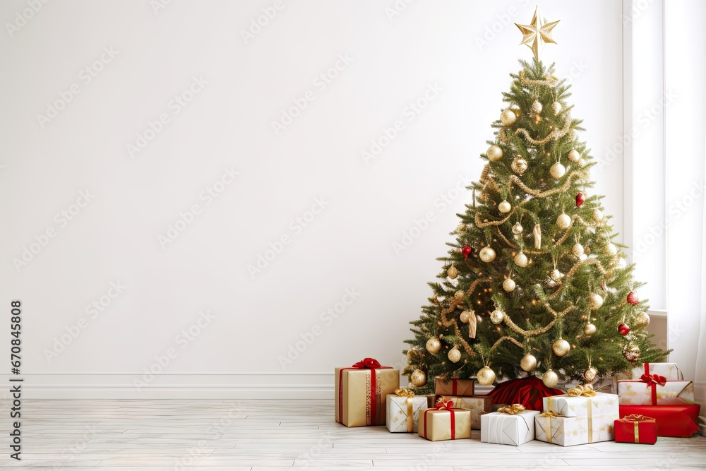 Festive elegance. Beautifully decorated christmas tree in bright room. Seasonal splendor. Classic holiday decor illuminated Festive elegance. Beautifully decorated christmas tree in bright room. Seasonal splendor. Classic holiday decor illuminated