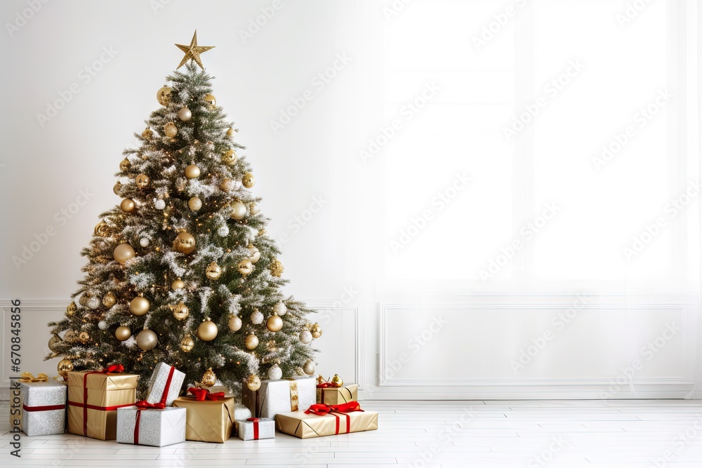 Festive elegance. Beautifully decorated christmas tree in bright room. Seasonal splendor. Classic holiday decor illuminated