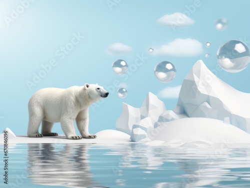 Polar bear  fantastic blue bubbles  icy colors  snow accents  ocean.