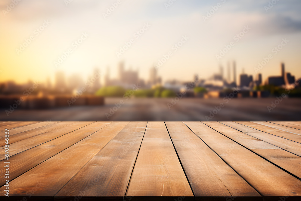Empty wooden table light brown wood texture Blurred background, night city, bokeh, surreal lights Empty wooden table light brown wood texture Blurred background, night city, bokeh, surreal lights
