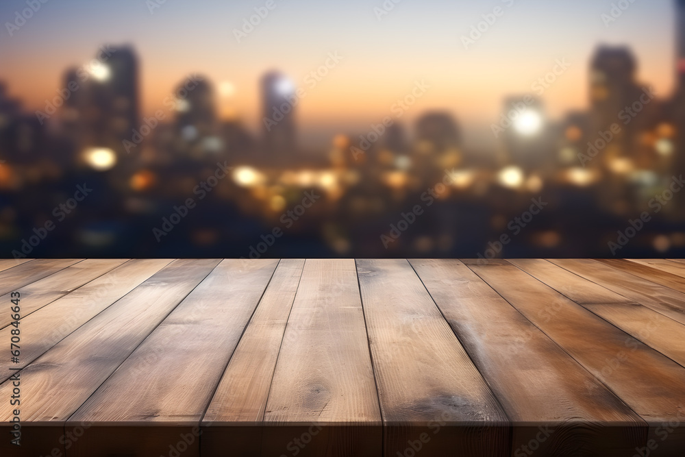 Empty wooden table light brown wood texture Blurred background, night city, bokeh, surreal lights Empty wooden table light brown wood texture Blurred background, night city, bokeh, surreal lights