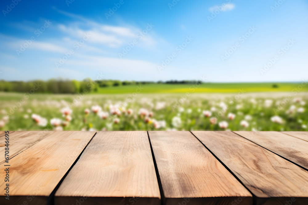Empty wooden table light brown wood texture Blurred background, natural view Flower garden and blurred mountains Empty wooden table light brown wood texture Blurred background, natural view Flower garden and blurred mountains