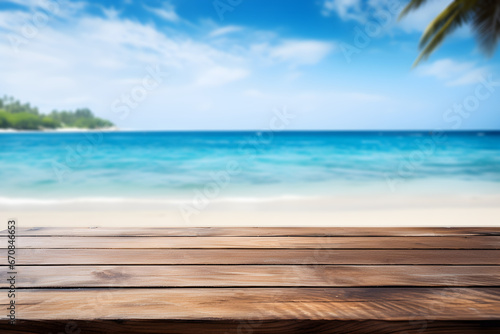 Empty wooden table light brown wood texture Blurred background  sea view and beach