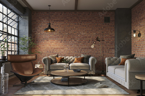 Fototapeta Naklejka Na Ścianę i Meble -  Industrial brick living room interior design. Loft Apartment with modern furniture and hardwood flooring, 3d render 