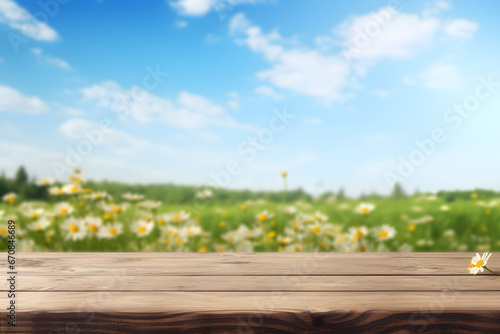 Empty wooden table light brown wood texture Blurred background, natural view Flower garden and blurred mountains