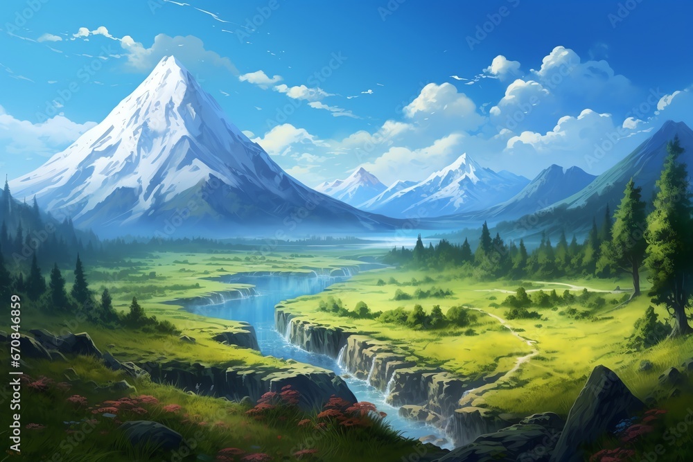 Obraz premium Fantasy landscape with mountains, hills, lake, meadow and sun. Anime style illustration