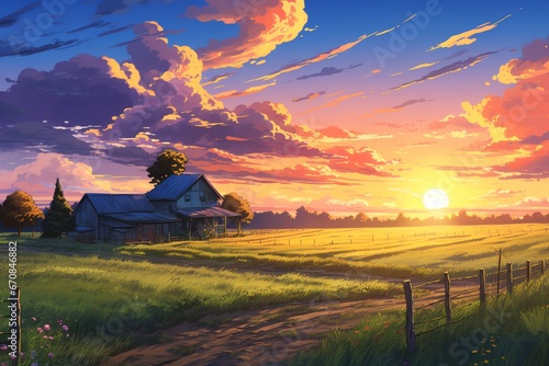 Fantasy landscape with mountains  hills  lake  meadow and sun. Anime style illustration