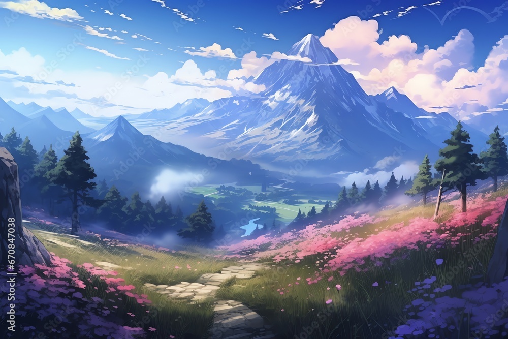 Fantasy landscape with mountains, hills, lake, meadow and sun. Anime style illustration