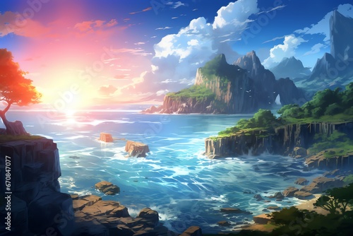 Fantasy landscape with mountains, hills, lake, meadow and sun. Anime style illustration © fledermausstudio