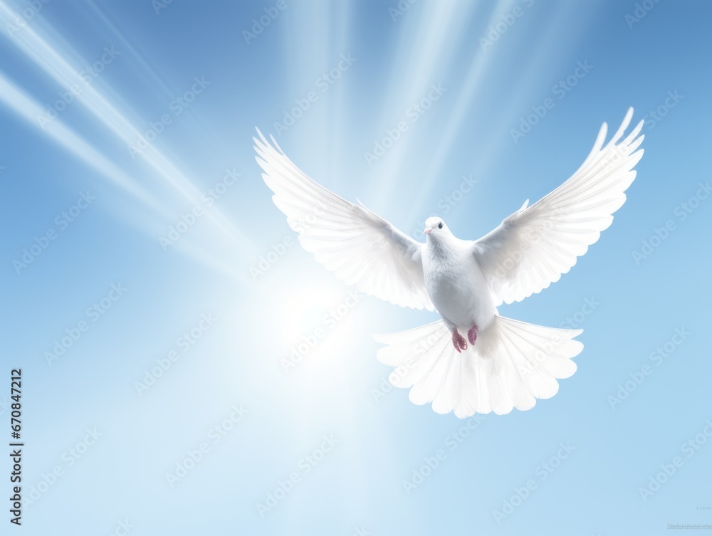 A white dove against a blue sky. A symbol of peace, hope, purity, innocence, reconciliation and love. A white dove against a blue sky. A symbol of peace, hope, purity, innocence, reconciliation and love.