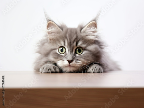 Funny large gray longhair kitten with big beautiful green eyes lies on a white table. Cute soft cat licks its lips. Free space for text.  © I Love Png