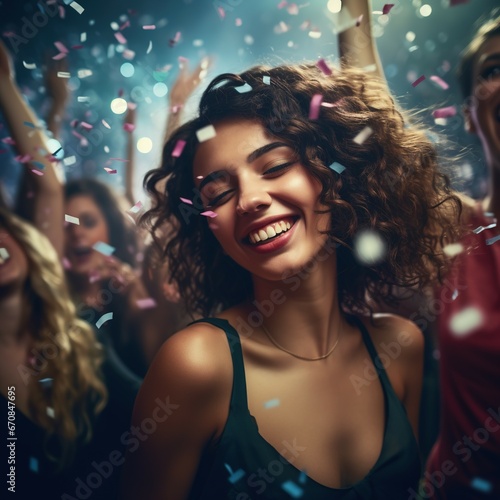 A sensual beautiful woman is having fun at a New Year s celebration or party against a blurred backdrop of people inside the event with ribbons and glittering lights.
