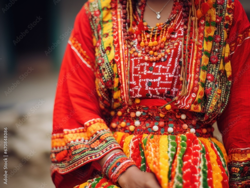 Traditional dress from Himachal Pradesh, with vibrant colors and patterns. Without a face.