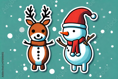 snowman  rudolphdeer  santa -gift-snow--sticker-2d-cute-fantasy-dreamy-vector  Generative Ai